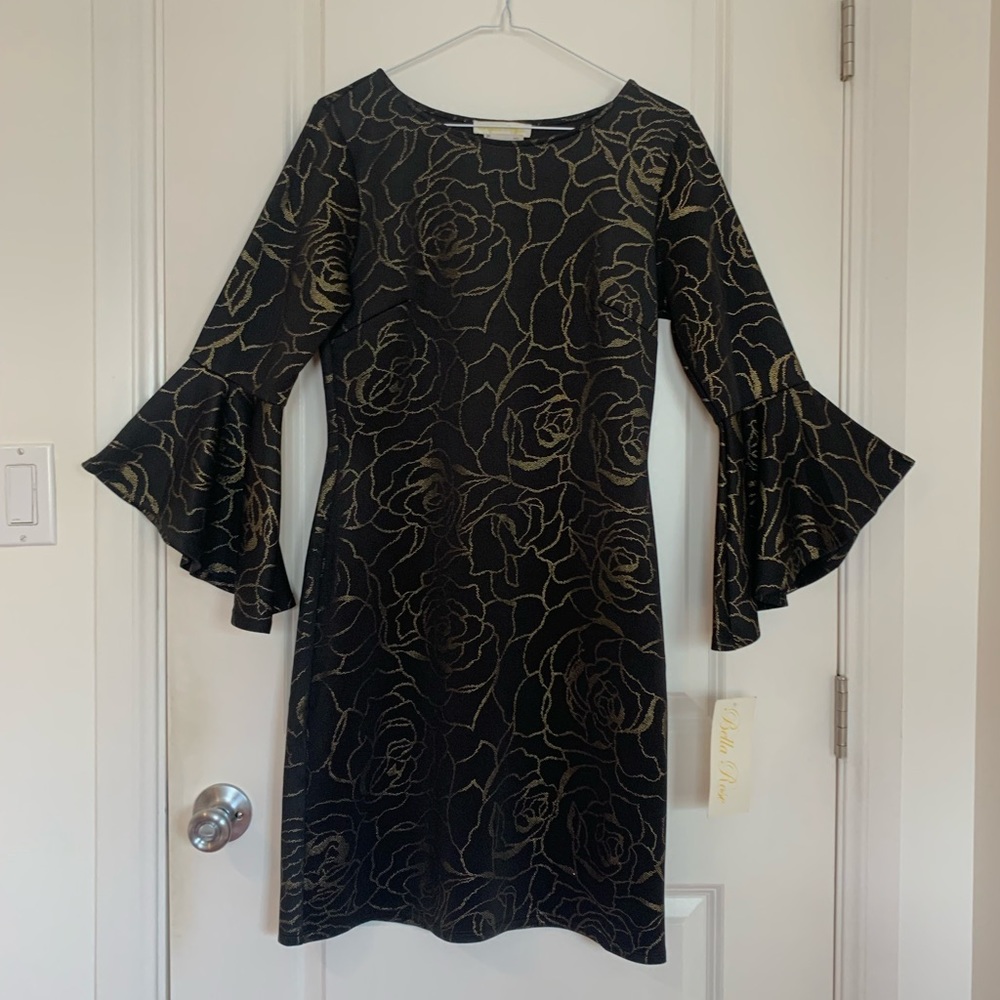 NWT Womens Formal Black & Gold Rose Floral Dress Bella Rose Size 8